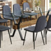 Table and chair set.79"x31.5" with X-shaped Black Metal Table Legs,Wood Grain Textured MDF Crossbeam.Paired With 10 Chairs Made Of Dark Gray Lnen Fabric.Iron pipe spraying Legs.