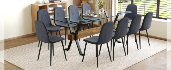 5b5d7d499b8a45499f6afcbdf31d0010_2e87d7bd88fa20bfaa82298f7c76f5d8 Table and chair set.79"x31.5" with X-shaped Black Metal Table Legs,Wood Grain Textured MDF Crossbeam.Paired With 10 Chairs Made Of Dark Gray Lnen Fabric.Iron pipe spraying Legs.