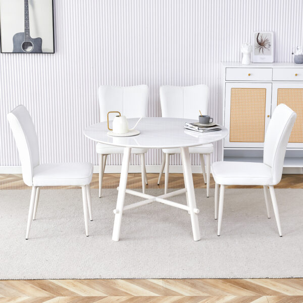 5b81de154897413c82dfbb7b030fce08_ec05988316f9d1bf09d0a6bbc6f7b7a5 Table and chair set, MDF desktop, white metal table legs, stable and beautiful, suitable for most styles of home. Modern simple dining table, comfortable seating.