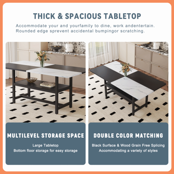 Table and chair set.71*35.4 inch White And Black Spliced Dining Table With Storage Function In The Middle Of The Table Legs.Paired With 8 Light Gray Linen Dining Chairs With Curved Widened Cushion.