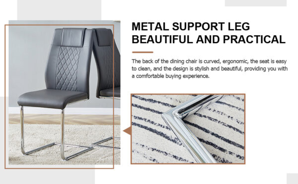 5b8abf51e2dc48eda7f6f9458fc1df93_12469ab9d879be487294cce6e78b590c Table and chair set.Modern Luxurious white Marble-Patterned Tempered Glass Dining Table with 8 Chairs.Single fork silver metal table legs.Dark Gray PU dining chairs with silver metal legs.