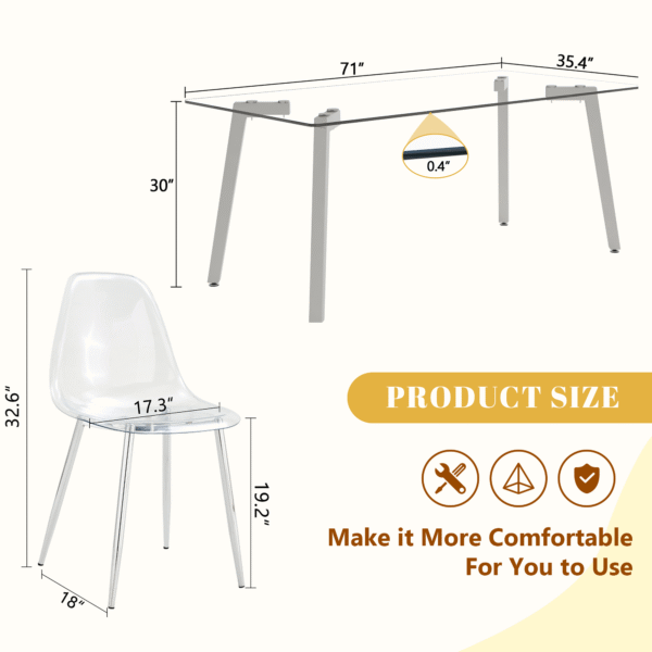 5bd0fdc236284bf1aa7bfd6bb744ea7a_edb17dd15b914c0d50dc54e08ee2200c Table and chair set.71 * 35.4 inch rectangular dining table.Tempered Glass Tabletop,Silver 7-shaped Metal Table Legs.Paried With 6 Transparent Plastic Dining Chair with Silver Metal Legs.