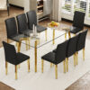Table and chair set.71 * 35.4 inch rectangular dining table.Tempered Glass Tabletop,Golden 7-shaped Metal Table Legs.Paried With 8 Black PU dining chairs, Golden Metal Legs.Simple and versatile.