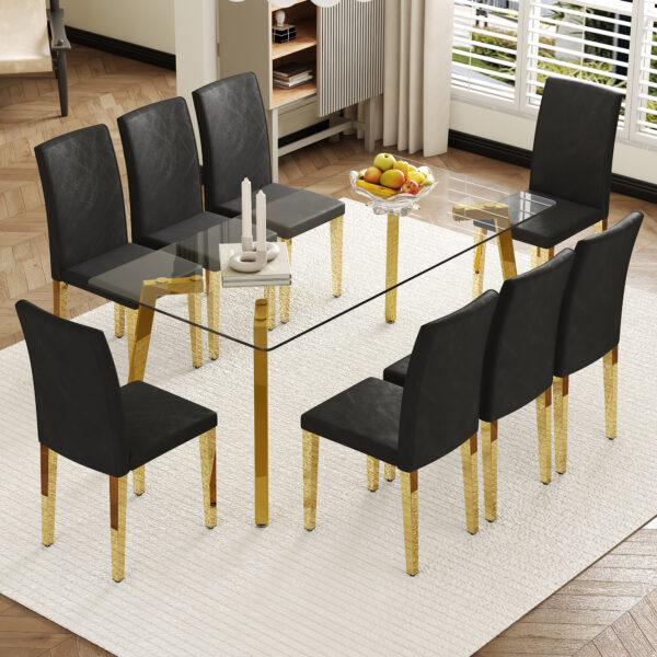 5beeed16ddba44748835ea69fcc80920_ca059c8f03266975f2a256607ff90c86 Table and chair set.71 * 35.4 inch rectangular dining table.Tempered Glass Tabletop,Golden 7-shaped Metal Table Legs.Paried With 8 Black PU dining chairs, Golden Metal Legs.Simple and versatile.