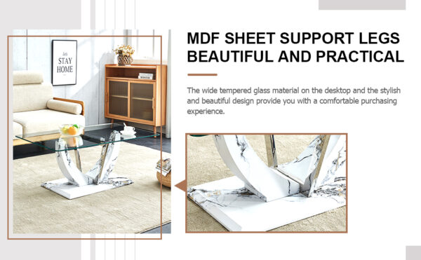 5bfda78b6d47418989c43c9fea3c7f39_20240206_92dd8ac345d9b74bb7bec4963e3a8512 Modern minimalist transparent tempered glass coffee table with marble patterned MDF legs and stainless steel decorative columns. Computer desk. Game table. CT-907