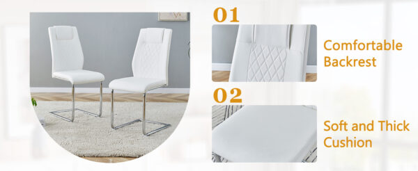 5bfe2febf203434c930519638f3bafad_e2055730856a66b73168d9e9ef826578 Table and chair set.64.5 x 35.4 Inch Stylish White Marble Textured Dining Table,Perfectly Blending Simplicity And Transparency.Paried With 6 White High-quality PU Chairs With Arched Silver Metal Legs.