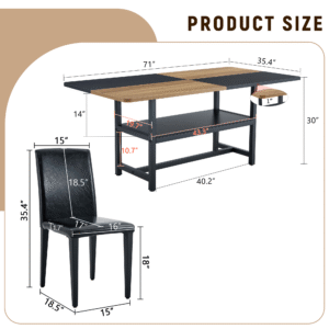 Table and chair set.71*35.4 inch Wooden And Black Spliced Dining Table With Storage Function In The Middle Of The Table Legs.Paired With 8 Black PU Dining Chairs, Simple And Versatile.
