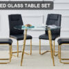 Table and chair set. Round dining table, glass tabletop with a diameter of 40 inches, and gold-plated metal legs, paired with 4 black PU cushions and a dining chair with gold-plated metal feet. DT1164