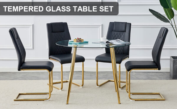 Table and chair set. Round dining table, glass tabletop with a diameter of 40 inches, and gold-plated metal legs, paired with 4 black PU cushions and a dining chair with gold-plated metal feet. DT1164