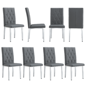 8 piece set of gray armless dining chairs brings a touch of elegance and mystery to the dining area with its deep gray tone,The grid and buckle design of the back add a vintage yet fashionable touch.