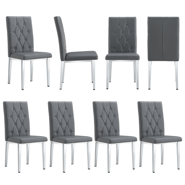 5c3d74fbb4154835a42661438ea64c89_84feac932c2d726210572aa82f5664b4 8 piece set of gray armless dining chairs brings a touch of elegance and mystery to the dining area with its deep gray tone,The grid and buckle design of the back add a vintage yet fashionable touch.