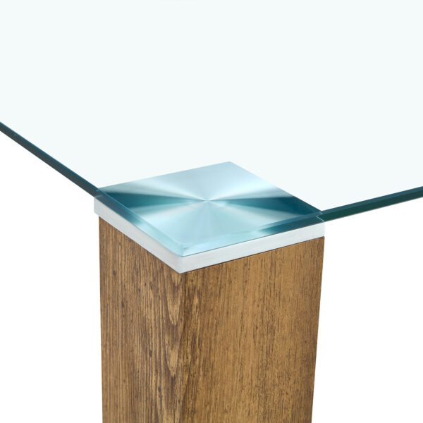 Table and chair set.A 49.6*30 Inch Transparent Tempered Glass Dining Table With Natural Wood Grain MDF Legs.Paired With 4 Black PU High Resilience Dining Chair with Walnut Color Metal Leg.