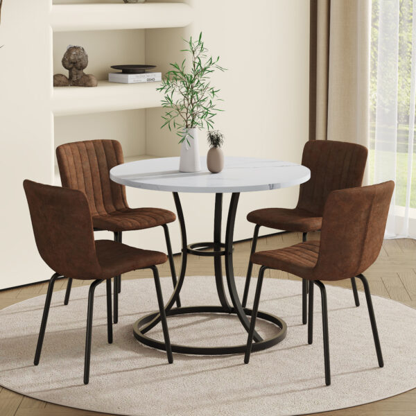 5c8db747617645f99fa1e977c635bc92_e7a92ca7b241b93b29299fe63afe46ec Table and chair set.A Modern Minimalist Circular Dining Table With A Diameter Of 33.3 Inches.Paired With 4 High Quality Brown Dining Chairs Made Of Technology-Fabric.Iron pipe spraying Legs.
