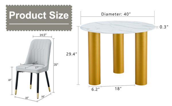 Table and chair set, round table with white marble pattern, gold MDF table legs, soft and comfortable dining chair, suitable for kitchen and living room