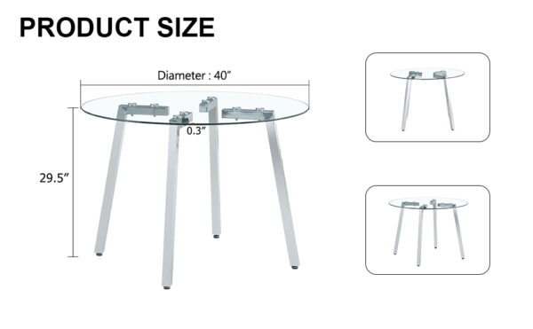 5cd0d882f47c4ed4b04d44d608393bcf_3230f56bb66e215507830d11a01893a3 Modern minimalist style circular transparent tempered glass table, tempered glass tabletop, silver metal table legs, suitable for kitchen, dining room, and living room, 40 "* 40" * 29.5 "W1151S01226