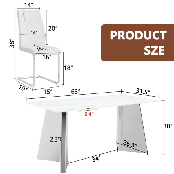 5cda2a35b6c040079f4cd06671f26c94_f0bf866531329eb0e8eccd8f33ed28d1 Table and chair set.63"x31.5x30" Luxurious Snow Mountain Patterned Sintered Stone Table with Silver Stainless Steel Butterfly Legs.Paried With 6 White High-quality PU Chairs With Arched Metal Legs.