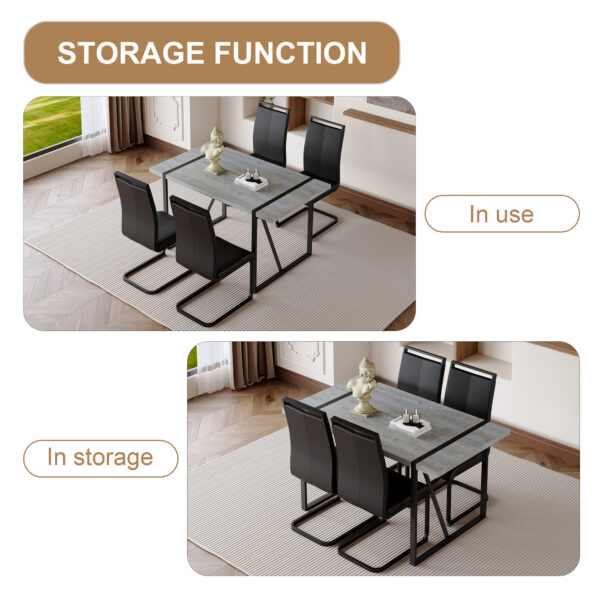 5cf92df8bd7949c2bc1505fc3a4ab7d7_766edf2b59153ca5606f6e05566f32f2 Table and chair set. Modern minimalist grey marble textured MDF dining table with metal frame.Paired with 4 black PU chairs with Black Featuring arched black legs.
