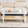 Modern minimalist white double layered solid wood coffee table. Glass tabletop, imitation rattan  edge table. Rectangular table suitable for living room, dining room, and bedroom