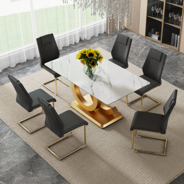 5d138e265ec34d5e8b57bee630396837_530170bc8e63a06240edd0d784cb0c6c Table and chair set.Subtle Luxury Tempered Glass Dining Set - 63"x35.4" with 6 Black PU Chairs with golden C-tube metal leg.Arched Metal Gold Leg.White imitation marble texture sticker Tabletop.