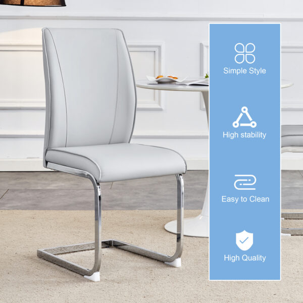 5d2fd7e5c905445eaf81f502ea524ecf_8760bbd4bf9772a3d57fe6f2ab4a8743 Luxury Simple Arch Chair - Set of 6 Light Gray PU Material High Resilience Dining Chair with Arched Metal Silver Leg.