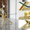 Table and chair set.Modern Luxurious Transparent Tempered Glass Dining Table Set with 6 Chairs.Single Fork Golden Metal Table Legs.Black high-quality PU dining chairs with golden metal legs.