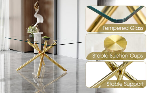5d44fa52aec7485e9642cf558576a47a_e53df63a7163d49944a11091099db406 Table and chair set.Modern Luxurious Transparent Tempered Glass Dining Table Set with 6 Chairs.Single Fork Golden Metal Table Legs.Black high-quality PU dining chairs with golden metal legs.