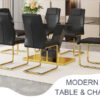 Table and chair set.Luxurious Tempered Glass Dining Set - 63"x35.4" with 6 Comfortable Black PU Chairs With Golden Arched Metal Legs .V-Shaped Support Design Table Leg.