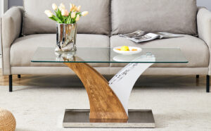 Rectangular Coffee Table.Tempered glass countertop, and artistic MDF legs,perfect for hosting dinners, conferences, home, and office decorations.White and wood,Dining table,Tea Table.Coffee Table.
