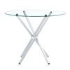 Round clear glass dining table with a unique shape for 4-6 people, with ring-shaped gathered silver metal legs, suitable for desks, kitchens, terraces, dining rooms.