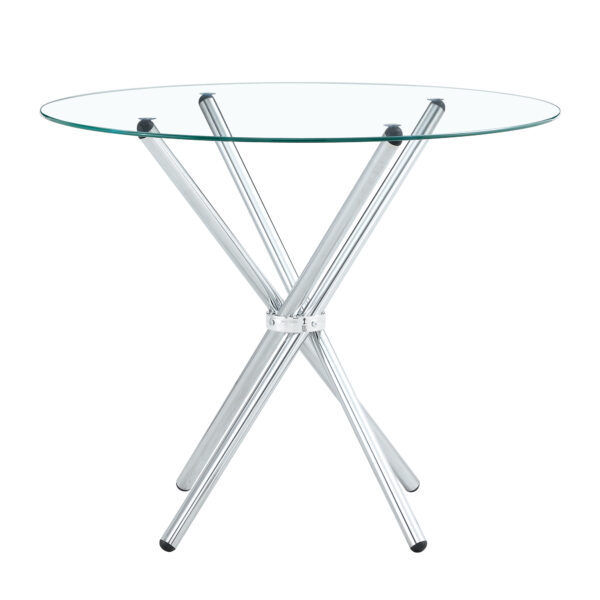 5d87adae45b7488491ddfc73e0471333_534c736830731c8527d41c54f1a139c9 Round clear glass dining table with a unique shape for 4-6 people, with ring-shaped gathered silver metal legs, suitable for desks, kitchens, terraces, dining rooms.