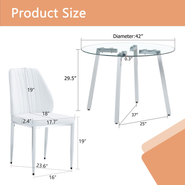 5d88f66968384f138e166692f3447f28_1c81872d7d30a393ffc0a988e3332eca Table and chair set.Modern circular transparent tempered glass table, tempered glass tabletop, silver metal table legs.A Set of 4 White PU Comfort Dining Chairs with extended backrest.