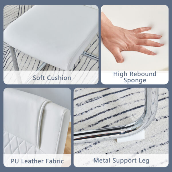5d96b724aa484f39bfbb6975c9435697_c0d8c33d02c32e969e2944547f97145e Table and chair set.63"x31.5x30" Black Marble-Patterned Slabs Tabletop with Stainless Steel Butterfly Legs.Paried with 6 White high-quality PU chairs with silver metal legs.
