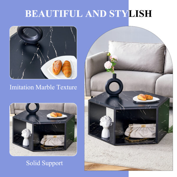 5db5c35f2aa0467bac21068a920ac658_fe6203a00c014243ac9d72790c2044ee Modern Minimalist Black Hexagonal Coffee Table Set.Hexagonal MDF coffee table, characteristic pattern stickers, multi-hole design to give more storage space.Two coffee tables of different sizes.