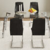 Table and chair set.71 * 35.4 inch rectangular dining table.Tempered Glass Tabletop,Silver 7-shaped Metal Table Legs.Paried With 6 Black High-quality PU Chairs With Arched Metal Legs.