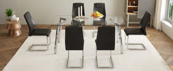 5dc4884d1c834aaea955e7e95b7e1f78_3db4b6fea0e2879d0b38f611e7d53d68 Table and chair set.71 * 35.4 inch rectangular dining table.Tempered Glass Tabletop,Silver 7-shaped Metal Table Legs.Paried With 6 Black High-quality PU Chairs With Arched Metal Legs.