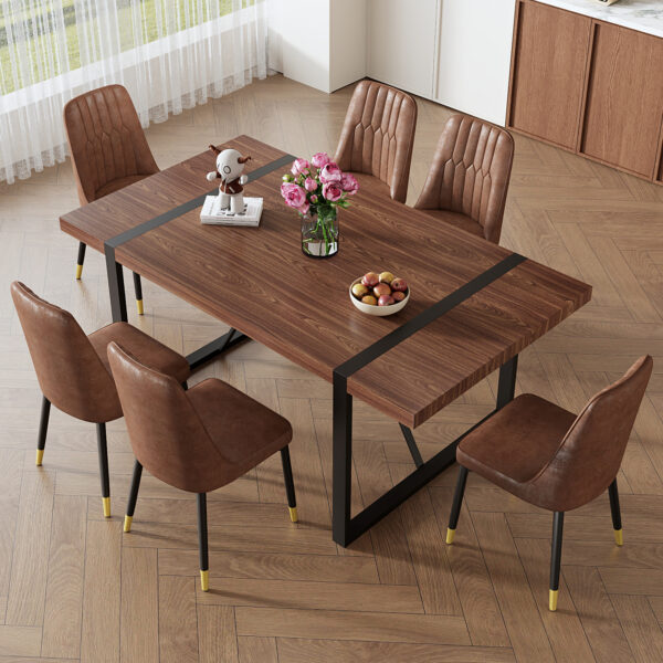 5dcadf781b4641b18c55b77b0e87e258_b7934efc256b5d0015779ed7c9766cdf Table and chair set.Industrial Style Walnut-Colored Rectangular Dining Table - 71"x39.3" Large Size.Paired with 6 Brown Suede Chairs.Brown armless dining chair,Suitable for kitchen,Dining room,etc.
