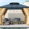 TREXM 10'x12' Hardtop Outdoor Gazebo, Heavy Duty Double Roof Patio Gazebo with Aluminum Frame, Double-Layer Side Walls Mosquito Netting & Privacy Curtains for Patio, Garden, Backyard (Beige)