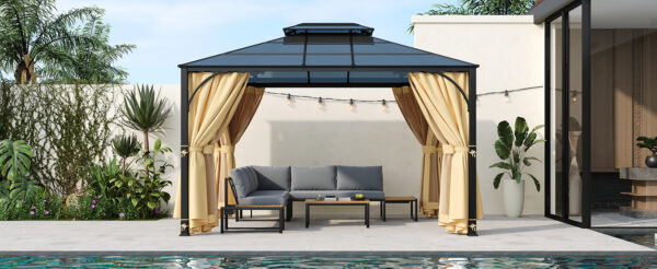 TREXM 10'x12' Hardtop Outdoor Gazebo, Heavy Duty Double Roof Patio Gazebo with Aluminum Frame, Double-Layer Side Walls Mosquito Netting & Privacy Curtains for Patio, Garden, Backyard (Beige)