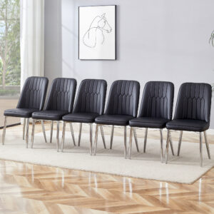 6 modern dining chairs, sleek PU backrest, and silver metal legs bring a comfortable home experience to the kitchen, bedroom, and office.Black PU Chairs with Simple Line Designs On The Backrest.