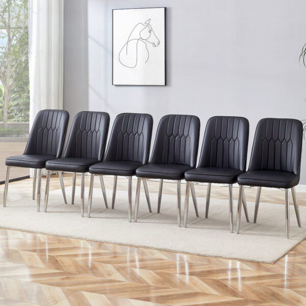 5dd7f631f2c64b5b823b01f8a0e29fa9_689479ff7517cea033572256449a3540 6 modern dining chairs, sleek PU backrest, and silver metal legs bring a comfortable home experience to the kitchen, bedroom, and office.Black PU Chairs with Simple Line Designs On The Backrest.