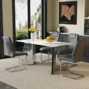Table and chair set.63*31.4 Inch Luxurious Cold Jade Sintered Stone Dining Table Set- 4 Dark Gray High-quality PU Chairs With Arched Silver Metal Legs.Perfect For Dinner Room,Meeting Room,Kitchen,etc.