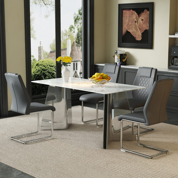 5df936c5a34e489e923cd506eb4d9b42_44fd3e046df814060b071c3744da8c5d Table and chair set.63*31.4 Inch Luxurious Cold Jade Sintered Stone Dining Table Set- 4 Dark Gray High-quality PU Chairs With Arched Silver Metal Legs.Perfect For Dinner Room,Meeting Room,Kitchen,etc.