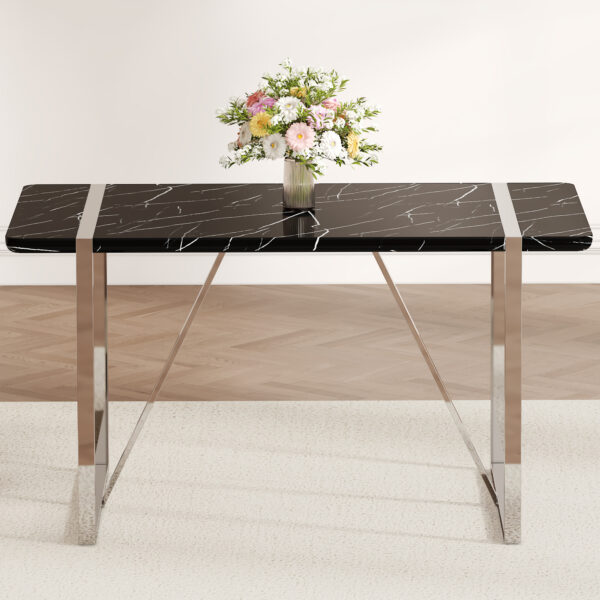 5e105ca89d5d4e018299caba0dadae0b_2940272ace60a7693b9c890f90e53f43 A rustic industrial rectangular MDF black dining table for 4-6 people, with a 1.5 "thick MDF desktop and electroplated metal legs, used for writing tables, kitchens, terraces, dining rooms55"*31.5*30