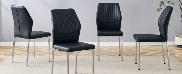 5e38c5bfc72e46eb83ae9bc76649da27_e7eb67497d3da395690a11ed6ce3ab9b Luxury Simple Chair - Set of 6 BLACK PU Material High Resilience Dining Chair with Metal Silver Leg.The Chair Back Has a Vertical Stripe Design With Smooth And Uniform Lines.
