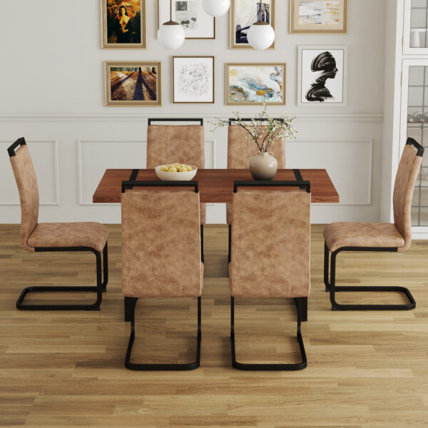 5e405bdc4d56448a8f33378a715159f8_aeaf04d9909f0f04d066a5204b6a14cb Table and chair set. A minimalist retro rectangular dining table with a specially textured top and black metal legs, paired with 6 soft chairs and black metal legs, showcases a beautiful home style.