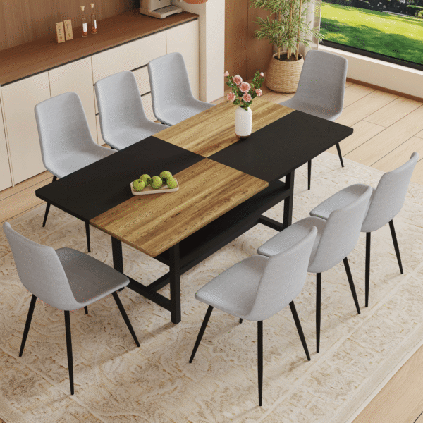 Table and chair set.71*35.4 inch Wooden And Black Spliced Dining Table With Storage Function In The Middle Of The Table Legs.Paired With 8 Light Gray Linen Dining Chairs With Curved Widened Cushion.