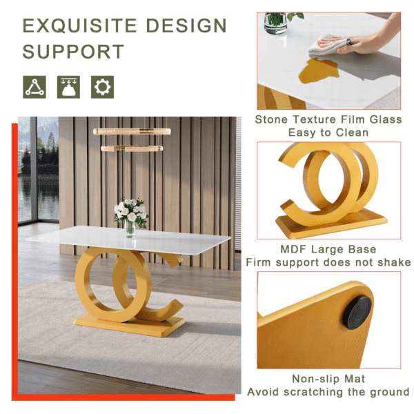 5e5009991ec14b888c70a7360bdb46e9_4633a19a0d799c008e3a7b51854c598e Table and chair set.Subtle Luxury Tempered Glass Dining Set - 63"x35.4" with 6 White PU Material High Resilience Dining Chairs.Arched Metal Gold Leg.White imitation marble texture sticker Tabletop.