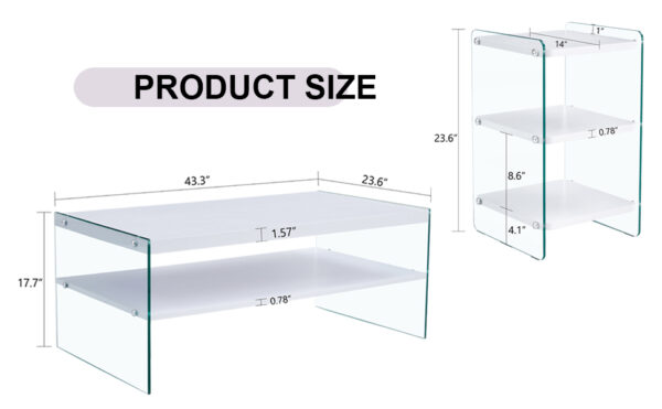 Three-tier bedside table and bunk coffee table set. Made of MDF with white stickers and clear tempered glass on both sides. The design is simple and elegant, with powerful storage functions