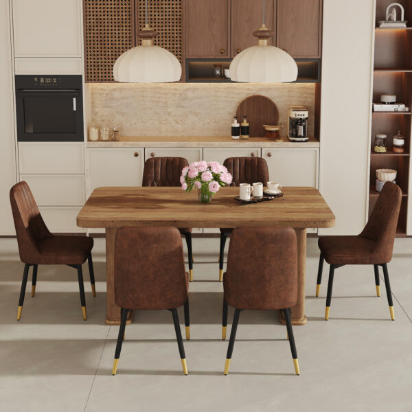 5e7d092593fe4ebcb72bb96bb42c76f1_a93ad8e68c86dd3091929f4420f2c271 Table and chair set.64.5 x 35.4 Inch Stylish Wood Color Textured Dining Table.Paried With 6 BrownTechnology-Fabric Dining Chairs.Suitable for kitchen,Dining room,etc.