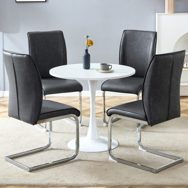 5e824c31e8254771a4238766106b4404_3fa3fe416e642bf49b5911638400f902 Table and chair set.Hourglass-Shaped Stable Small Round Table -31.9" * 31.9" With 4 Soft and Comfortable Dark Gray PU Chair With Arched Metal Silver Leg.Create Your Exclusive Low-Key Luxury Space.
